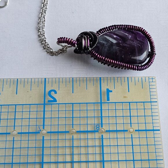 Natural Rainbow Fluorite Wire Wrapped Pendant Necklace, Purple Teal Gemstone - Picture 6 of 7